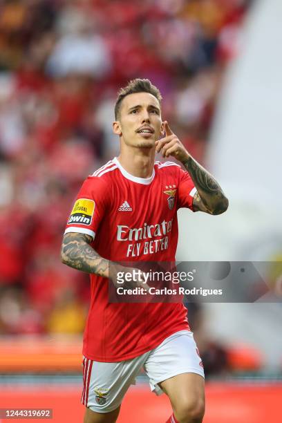 Alex Grimaldo of SL Benfica celebrates scoring SL Benfica second goal during the Liga Portugal Bwin match between SL Benfica and GD Chaves at Estadio...