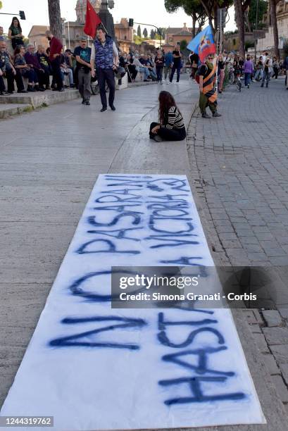 People protest in Piazza Venezia with communist flags and a banner with the words No Pasaran against old and new fascism, on October 29, 2022 in...