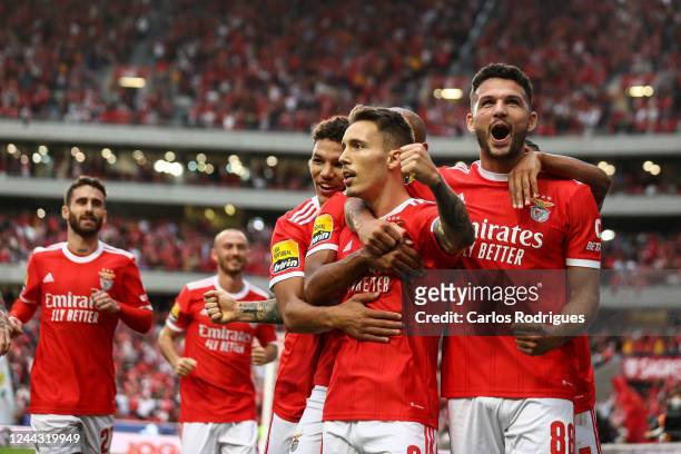 Alex Grimaldo of SL Benfica celebrates scoring SL Benfica second goal with his team mates during the Liga Portugal Bwin match between SL Benfica and...