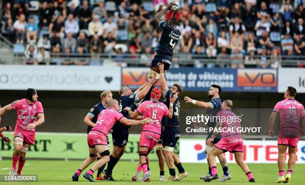 Montpellier's French lock Yacouba Camara grabs the ball in a line-out during the French Top14 rugby union match between Montpellier Herault Rugby and...