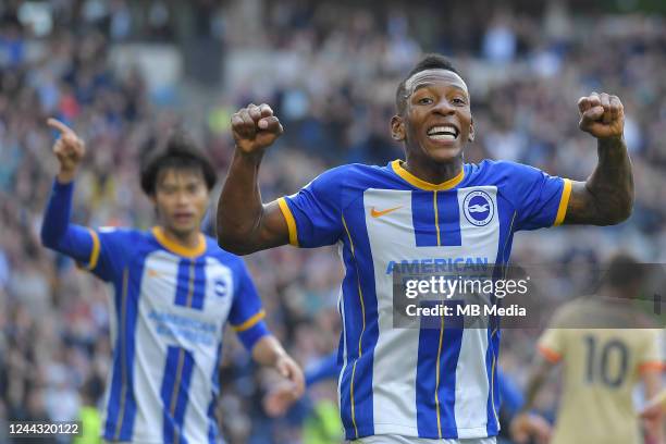 Pervis Estupinan of Brighton & Hove Albion celebrates his sides third goal during the Premier League match between Brighton & Hove Albion and Chelsea...