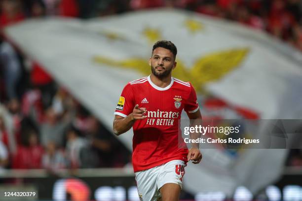Goncalo Ramos of SL Benfica celebrates scoring SL Benfica third goal during the Liga Portugal Bwin match between SL Benfica and GD Chaves at Estadio...