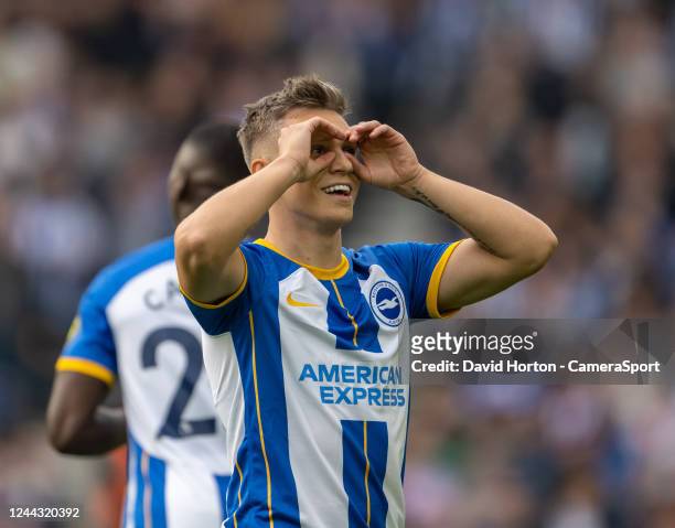 Brighton & Hove Albion's Leandro Trossard celebrates scoring his side's first goal during the Premier League match between Brighton & Hove Albion and...