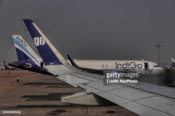 Go First or GoAir and IndiGo passenger planes are stationed at Indira Gandhi International Airport in New Delhi India on 29 October 2022