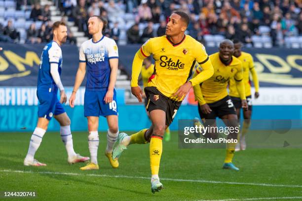 Joao Pedro of Watford celebrates his goal during the Sky Bet Championship match between Wigan Athletic and Watford at the DW Stadium, Wigan on...