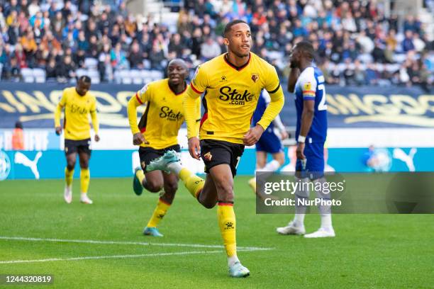Joao Pedro of Watford celebrates his goal during the Sky Bet Championship match between Wigan Athletic and Watford at the DW Stadium, Wigan on...