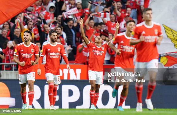 David Neres of SL Benfica celebrates after scoring a goal during the Liga Portugal Bwin match between SL Benfica and GD Chaves at Estadio da Luz on...