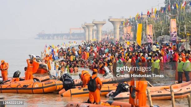Officials stationed at Ganga Ghat amid the ongoing Chhath Pooja festivities, on October 29, 2022 in Patna, India. Thousands of devotees celebrating...