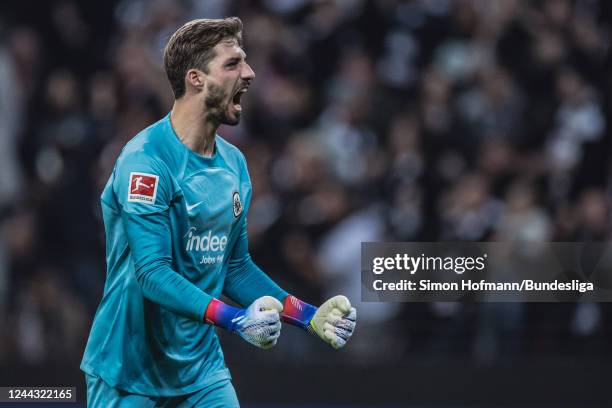 Kevin Trapp of Frankfurt celebrates his side's first goal during the Bundesliga match between Eintracht Frankfurt and Borussia Dortmund at Deutsche...