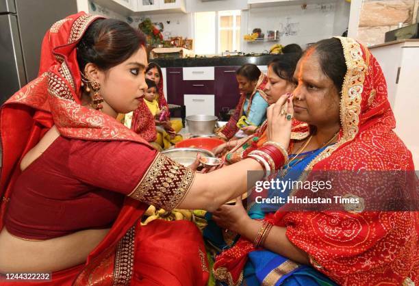 Devotees participate in Chhath Pooja rituals, on October 29, 2022 in Patna, India. Thousands of devotees celebrating Chhath Puja gathered on the...