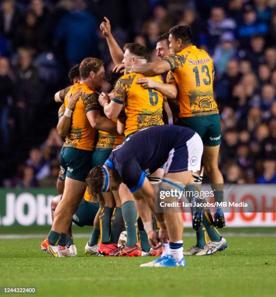 It's all over and the Australians celebrate a narrow 16-15 win over the hosts in the Autumn International match between Scotland and Australia at...