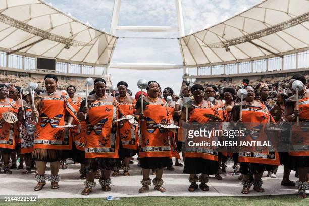 Women dressed in traditional clothing from Swaziland perform a dance at the King Misuzulu Zulu's coronation at the Moses Mabhida Stadium in Durban on...