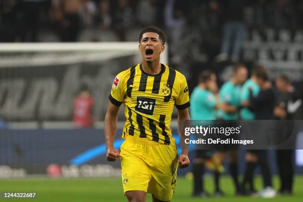 Jude Bellingham of Borussia Dortmund celebrate after winning the Bundesliga match between Eintracht Frankfurt and Borussia Dortmund at Deutsche Bank...