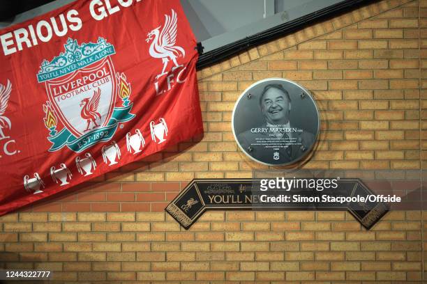 Memorial plaque for Gerry Marsden above a banner reading Youll Never Walk Alone during the Premier League match between Liverpool FC and Leeds United...