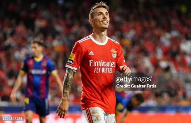 Alex Grimaldo of SL Benfica during the Liga Portugal Bwin match between SL Benfica and GD Chaves at Estadio da Luz on October 29, 2022 in Lisbon,...