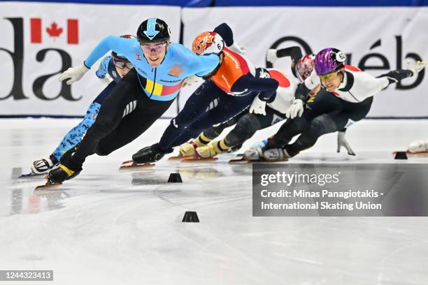 Stijn Desmet of Belgium competes in the men's 1500 meter semifinal during the ISU World Cup Short Track at Maurice Richard Arena on October 29, 2022...