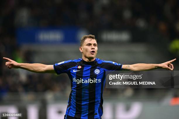 Inter Milan's Italian midfielder Nicolo Barella celebrates after scoring his team's second goal during the Italian Serie A football match between...