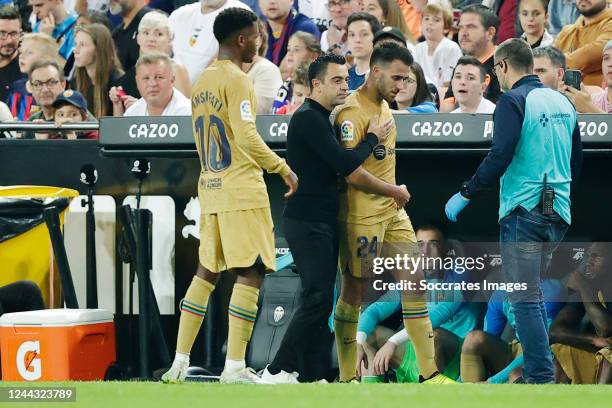 Eric Garcia of FC Barcelona injury during the La Liga Santander match between Valencia v FC Barcelona at the Estadio de Mestalla on October 29, 2022...