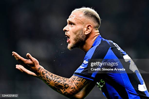 Federico Dimarco of Inter reacts during the Serie A match between FC Internazionale and UC Sampdoria at Stadio Giuseppe Meazza on October 29, 2022 in...