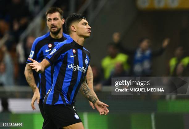 Inter Milan's Argentinian forward Joaquin Correa celebrates after scoring his third team goal during the Italian Serie A football match between Inter...