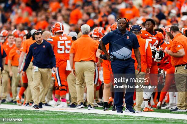 Head coach Dino Babers of the Syracuse Orange walks on the sideline as Syracuse Orange takes on the Notre Dame Fighting Irish at JMA Wireless Dome on...