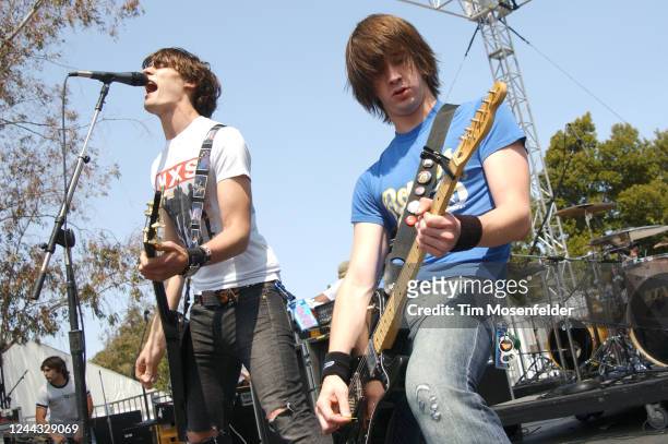 Tyson Ritter and Nick Wheeler of the All-American Rejects perform during Live 105's BFD 10 at Shoreline Amphitheatre on June 13, 2003 in Mountain...