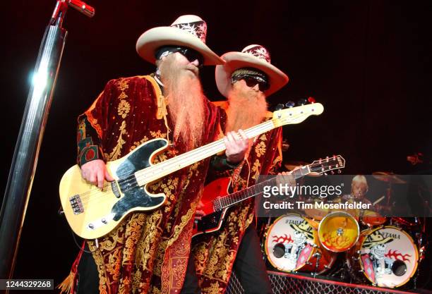 Dusty Hill, Billy Gibbons, and Frank Beard of ZZ Top perform during the band's Mescalero tour at Shoreline Amphitheatre on June 8, 2003 in Mountain...