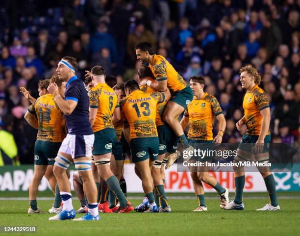 Dejected Scotland Flanker, Jamie Ritchie, as Australia celebrate after narrowly winning the game 16-15 in the Autumn International match between...