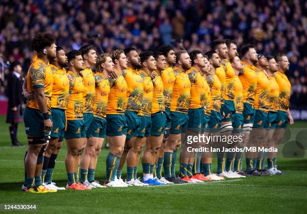 The Australian team sing the Aussie national Anthem, Advance Australia Fair, before the start of the Autumn International match between Scotland and...