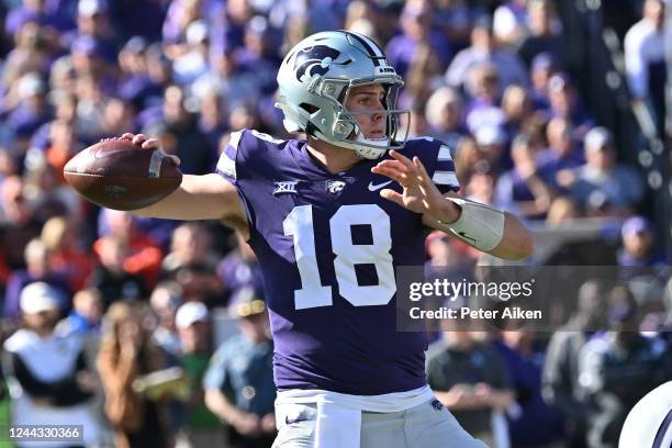 Quarterback Will Howard of the Kansas State Wildcats throws a pass against the Oklahoma State Cowboys during the first half at Bill Snyder Family...