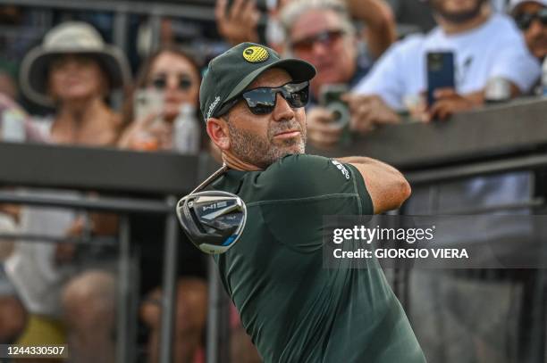 Spanish golfer Sergio Garcia plays his shot during the semifinals of the LIV Golf Invitational Miami 2022 at Trump National Doral Miami Golf Club in...