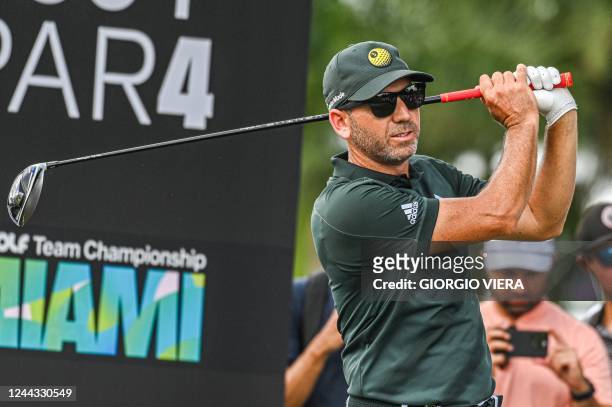 Spanish golfer Sergio Garcia plays a shot during the semifinals of the LIV Golf Invitational Miami 2022 at the Trump National Doral Miami Golf Club...