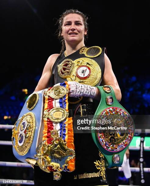 London , United Kingdom - 29 October 2022; Katie Taylor with her belts after winning her undisputed lightweight championship fight against Karen...