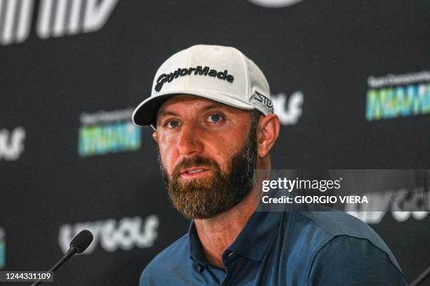 Golfer Dustin Johnson takes part in a press conference at the end of the semifinals of the 2022 LIV Golf Invitational Miami at Trump National Doral...