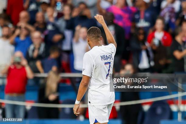 Kylian Mbappe of Paris Saint Germain celebrating his goal with his supporters during the Ligue 1 match between Paris Saint-Germain and ESTAC Troyes...