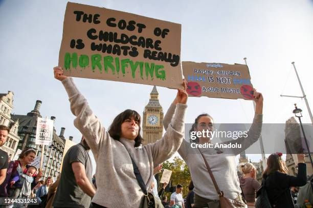 Hundreds of women, parents and young children, many dressed in Halloween attire take part in a âMarch of the Mummiesâ protest in Whitehall, London,...