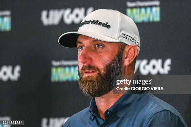 Golfer Dustin Johnson takes part in a press conference at the end of the semifinals of the 2022 LIV Golf Invitational Miami at Trump National Doral...