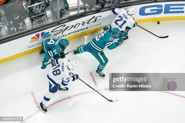 An overhead view as Brayden Point of the Tampa Bay Lightning skates with the puck against Logan Couture of the San Jose Sharks at SAP Center on...