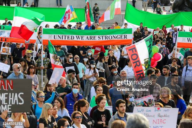 Hundreds of Iranians demonstrate in Trafalgar Square in London, Britain, October 2022, protesting in solidarity with Iran protest following the death...