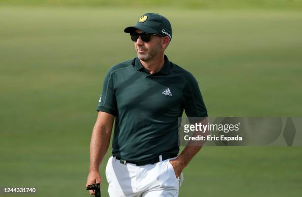 Team Captain Sergio Garcia of Fireballs GC walks the fairway towards the 16th green during the semifinals of the LIV Golf Invitational - Miami at...