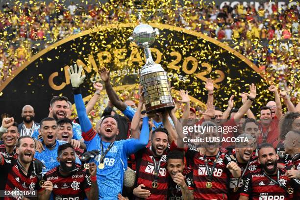 Players of Flamengo celebrate with the trophy after winning the Copa Libertadores final, after the football match between Brazilian teams Flamengo...