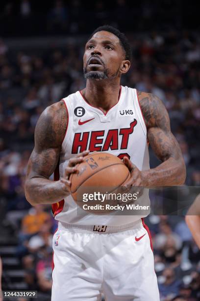 Udonis Haslem of the Miami Heat prepares to shoot a free throw against the Sacramento Kings on October 29, 2022 at Golden 1 Center in Sacramento,...