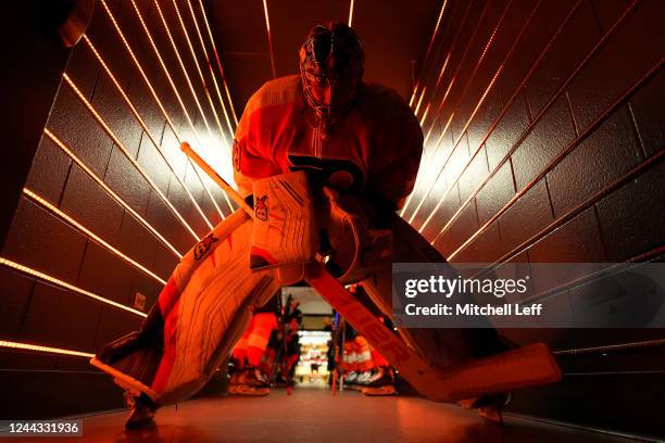 Carter Hart of the Philadelphia Flyers waits in the tunnel prior to the game against the Carolina Hurricanes at the Wells Fargo Center on October 29,...