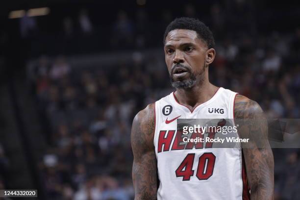 Udonis Haslem of the Miami Heat looks on during the game against the Sacramento Kings on October 29, 2022 at Golden 1 Center in Sacramento,...