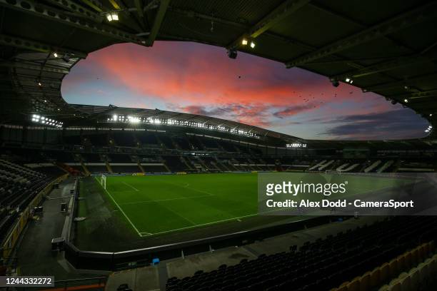 The sun sets over the MKM Stadium, home of Hull City, after the Sky Bet Championship between Hull City and Blackburn Rovers at MKM Stadium on October...