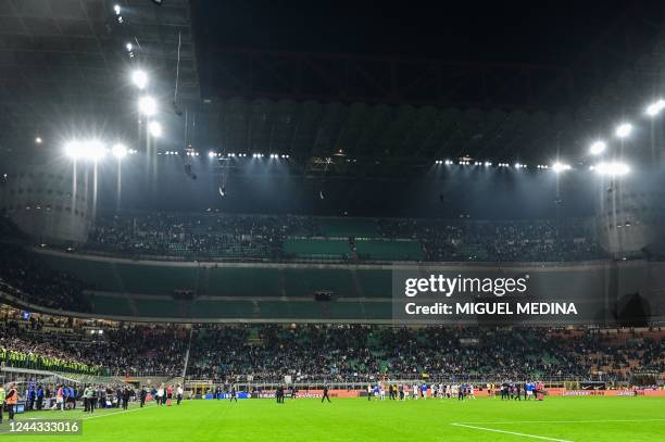 The empty "Curva Nord" section of the stadium is seen after supporters exited the stadium in honour of "Ultra" boss Vittorio Boiocchi, who was shot...