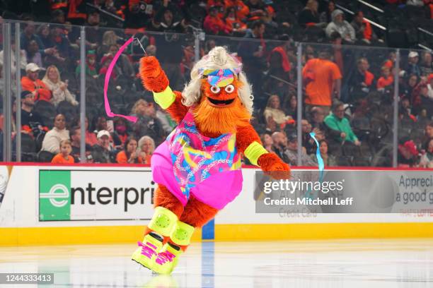 Gritty the mascot of the Philadelphia Flyers performs on the ice prior to the game against the Carolina Hurricanes at the Wells Fargo Center on...