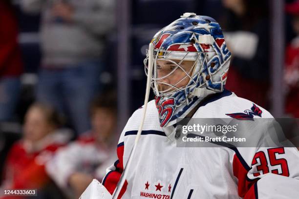 Darcy Kuemper of the Washington Capitals warms up before the game against the Nashville Predators at Bridgestone Arena on October 29, 2022 in...