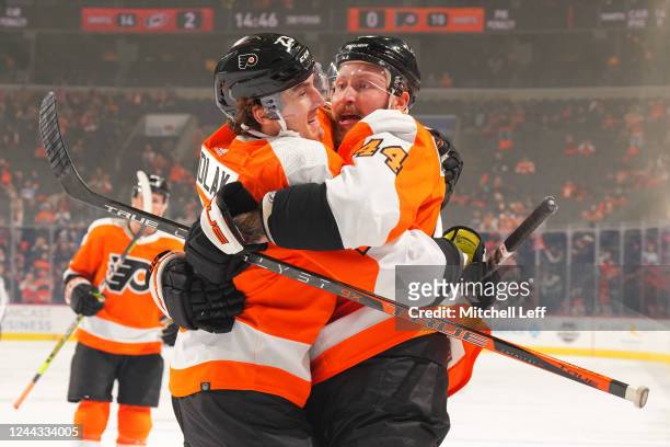 Nicolas Deslauriers of the Philadelphia Flyers celebrates with Lukas Sedlak after scoring a goal against the Carolina Hurricanes in the second period...
