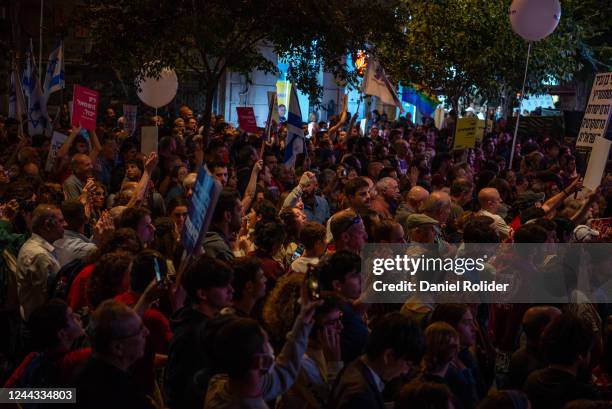 People attend the rally of the Israeli Labor Party to commemorate former Prime Minister Yitzhak Rabin on October 29, 2022 in Zion Square, Jerusalem,...